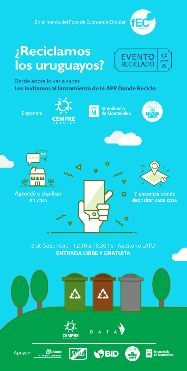 Afiche del evento. Dibujo de un cielo celeste con un prado verde. Tres papeleras de reciclaje.