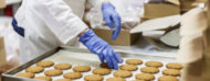 Operador protegido colocando galletitas en una bandeja