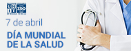 médico con estetoscopio y frase dia mundial de la salud